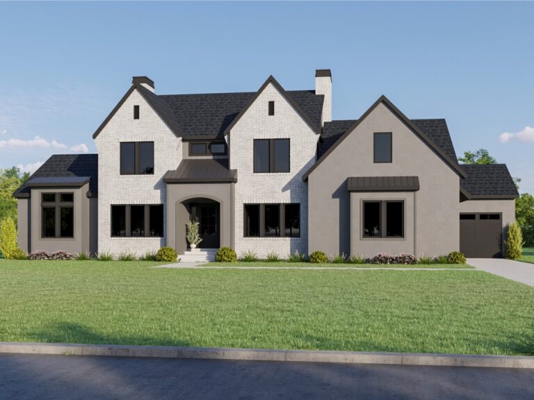 A house with a white facade and black roof is surrounded by grass and trees.